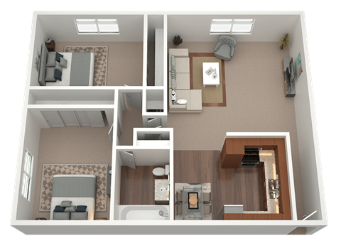 Floor plan for 2 beds, 1 bath, 955 sqft
